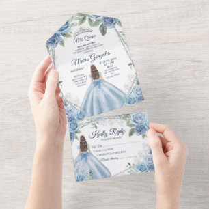 Dusty Blue Floral Princess Quinceañera 15 Anos All In One Invitation