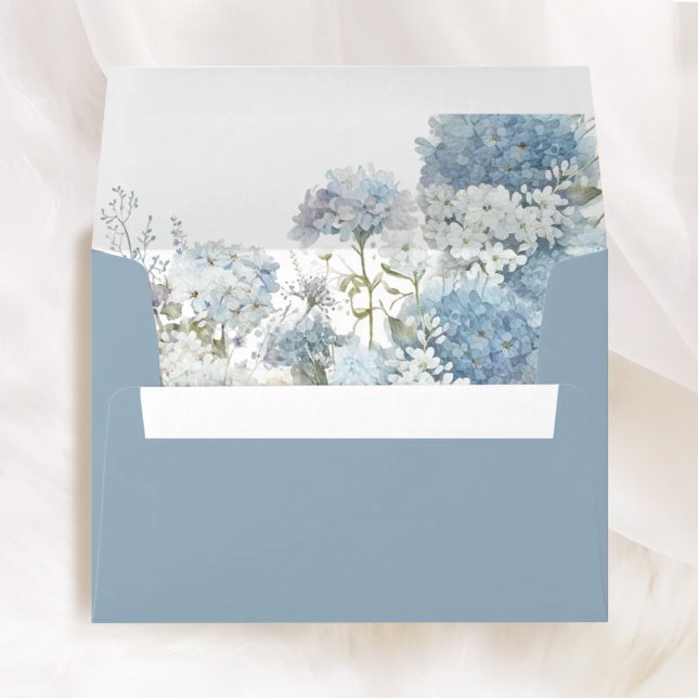 Dusty Blue Floral Printed Wedding Envelopes (Dusty blue floral wedding printed envelope with hydrangea liner, elegant watercolor stationery)