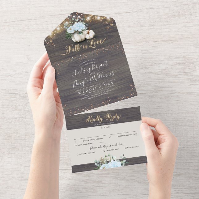 Dusty Blue Floral Pumpkin Rustic Fall Wedding All In One Invitation (Tearaway)