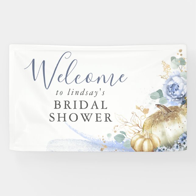 Dusty Blue Floral Pumpkins Any Party Welcome Banner (Horizontal)