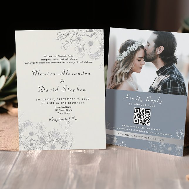 Dusty Blue Floral QR All-in-One Wedding Invite (Creator Uploaded)
