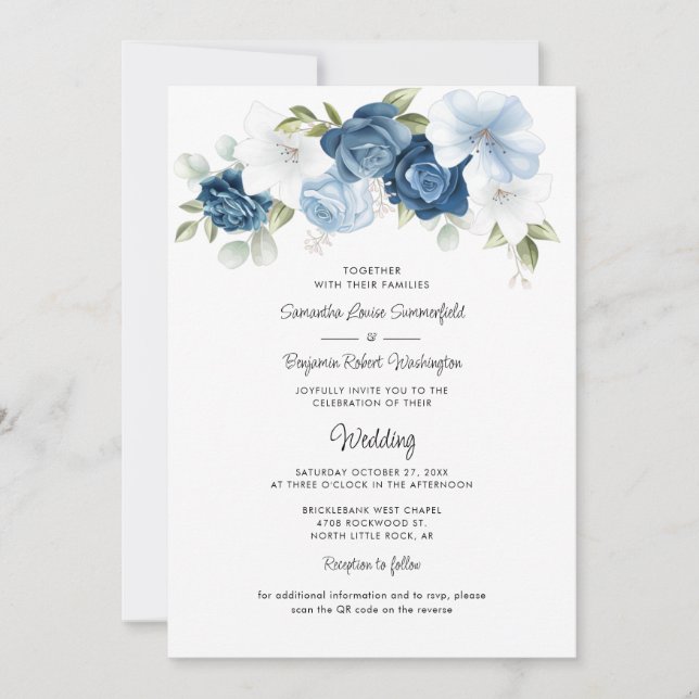Dusty Blue Floral QR Code All in One Wedding Invitation (Front)