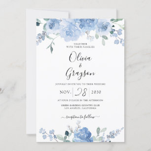 Dusty Blue Floral QR Code RSVP All In One Wedding Invitation