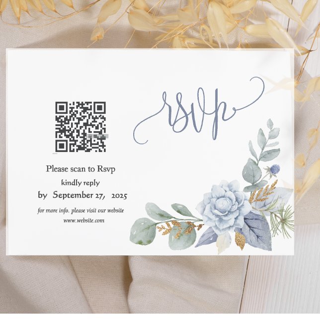 Dusty Blue Floral QR Code RSVP Card  (Creator Uploaded)