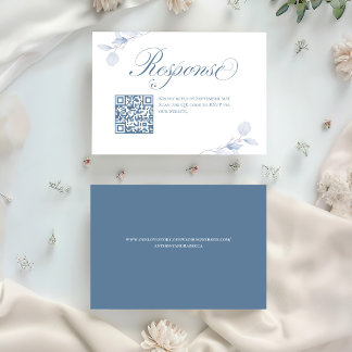 Dusty Blue Floral QR Code Wedding RSVP Card
