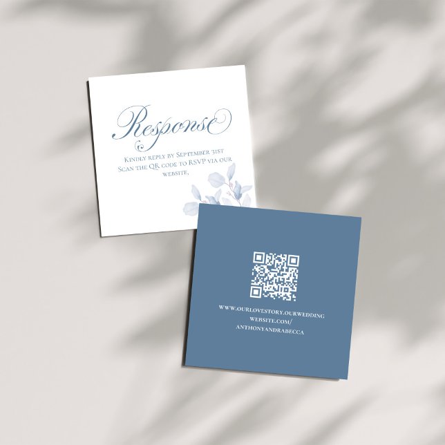 Dusty Blue Floral QR Wedding Enclosure Card (Square dusty blue wedding RSVP card set with QR code and soft shadow styling)