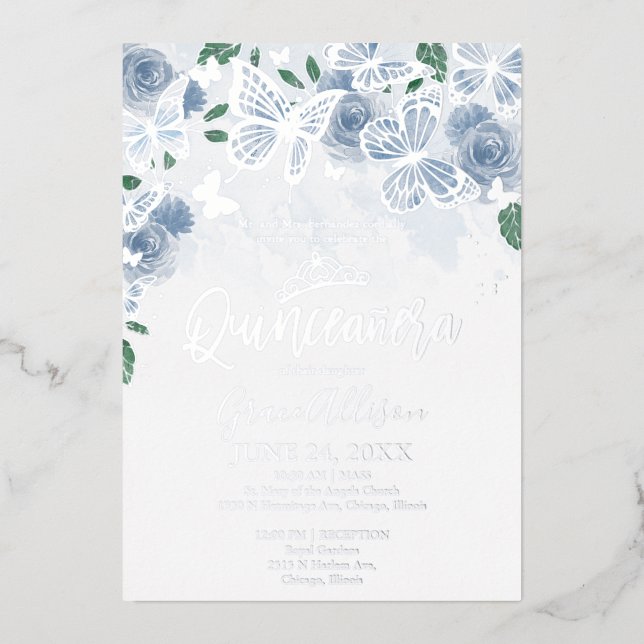 Dusty Blue Floral Quinceanera Butterfly Silver (Front)