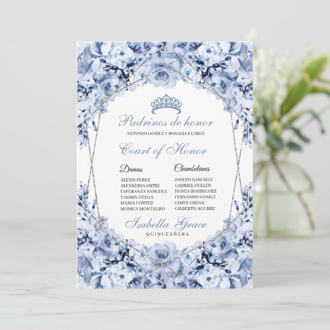 Dusty Blue Floral Quinceanera Court of Honour Invitation (Standing Front)