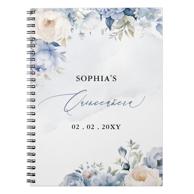  Dusty Blue Floral Quinceañera Guest book (Front)