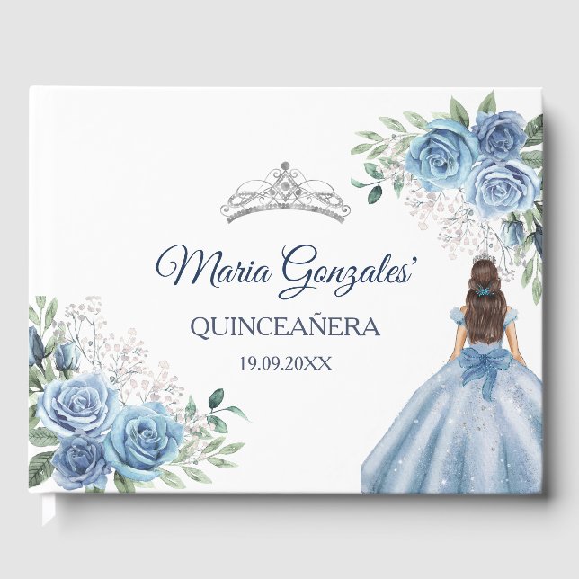 Dusty Blue Floral Quinceañera Guest Book (Front)