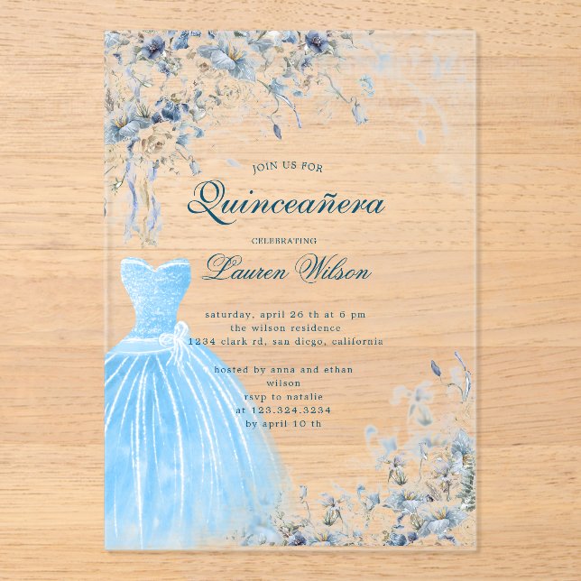 dusty blue floral  Quinceañera Invitation (Front)