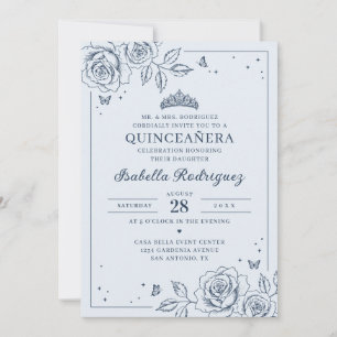Dusty Blue Floral Quinceañera Invitation
