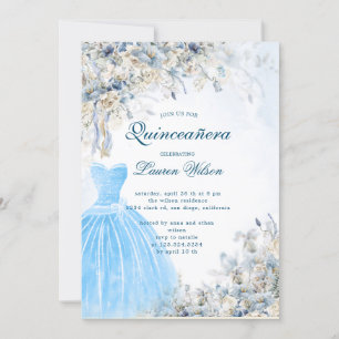 dusty blue floral  Quinceañera Invitation