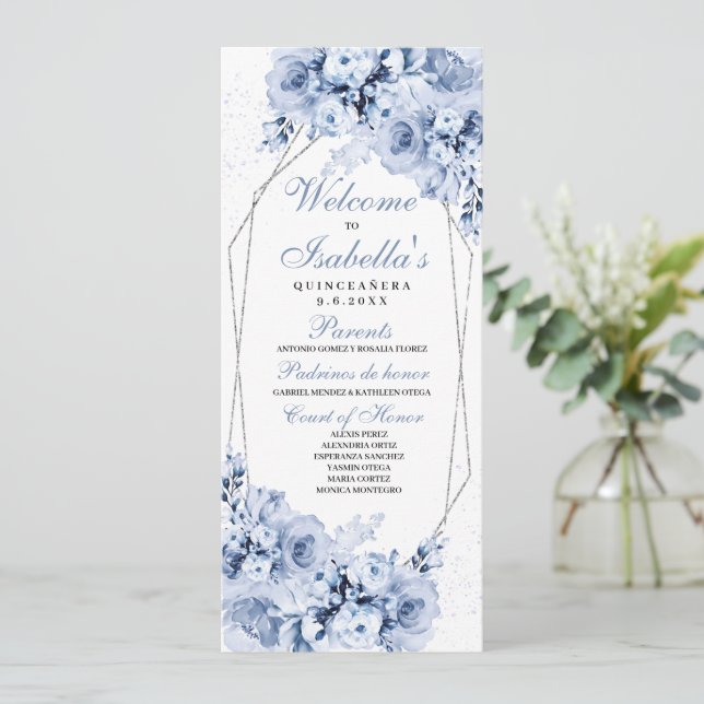 Dusty Blue Floral Quinceanera Program Invitation (Standing Front)