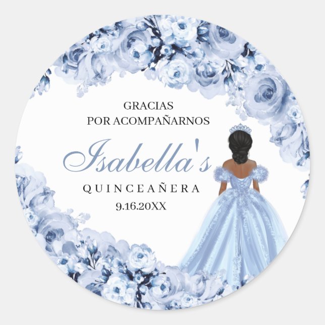 Dusty Blue Floral Quinceanera Round Stickers (Front)