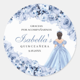 Dusty Blue Floral Quinceanera Round Stickers