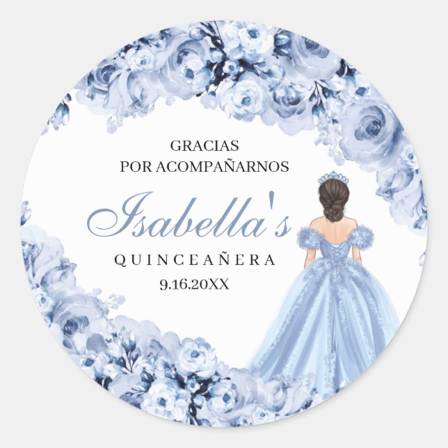 Dusty Blue Floral Quinceanera Round Stickers (Front)