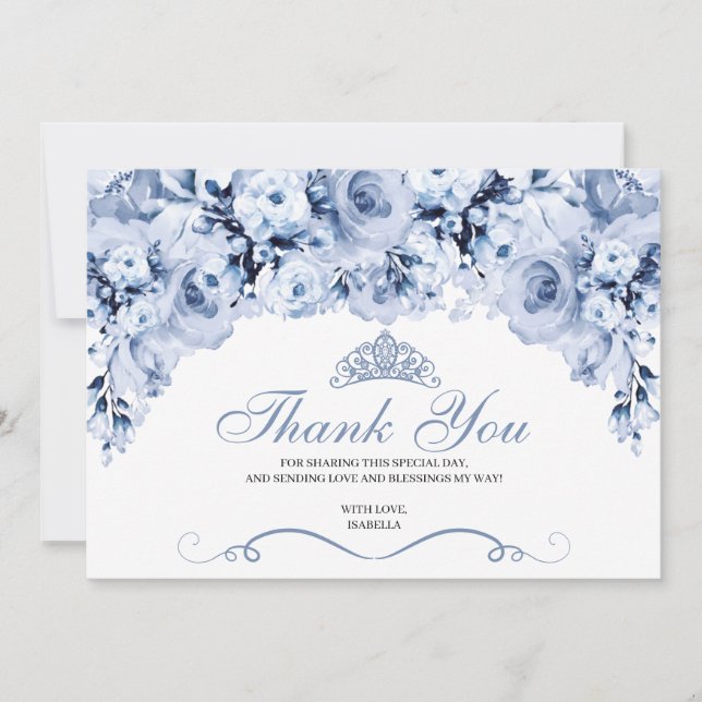 Dusty Blue Floral Quinceanera Thank You  (Front)