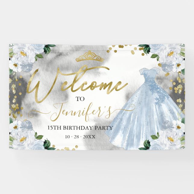 Dusty Blue Floral Quinceanera Welcome  Banner (Horizontal)