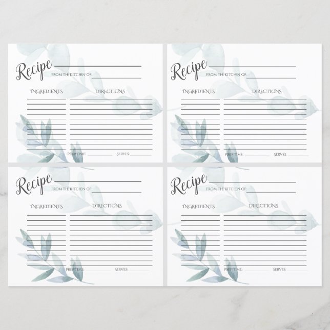 Dusty Blue Floral Recipe Cards (Front)