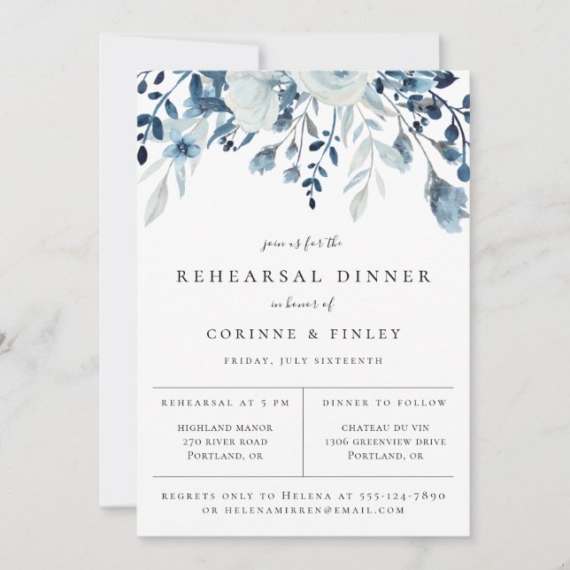 Dusty Blue Floral Rehearsal Dinner Invitation (Front)