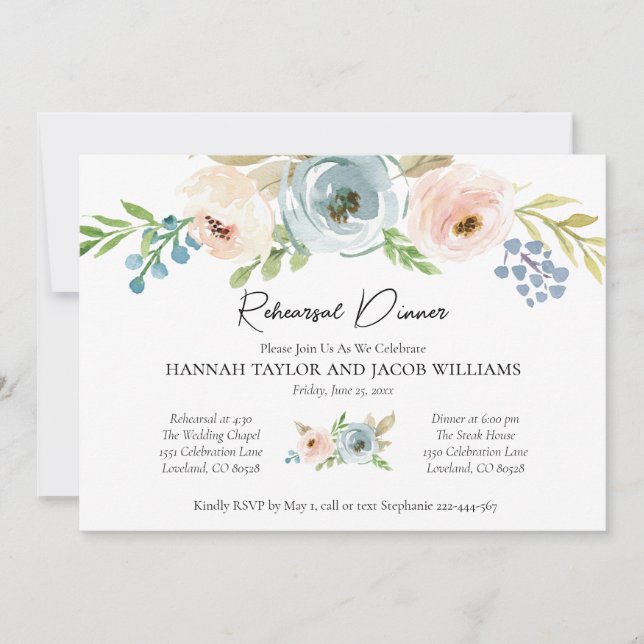 Dusty Blue Floral Rehearsal Dinner Invitation (Front)