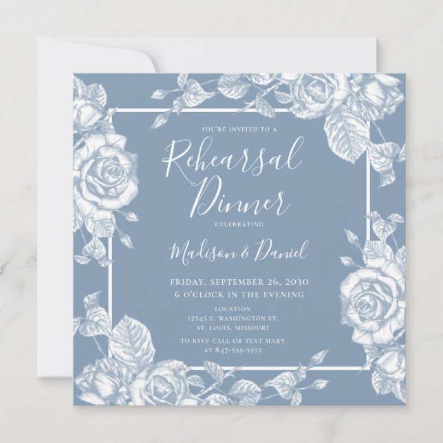 Dusty Blue Floral Rehearsal Dinner Invitation (Front)