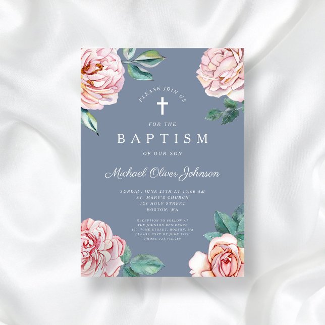 Dusty Blue Floral Religious Cross Boy Baptism Invitation (Dusty Blue Floral Religious Cross Boy Baptism Invitation)