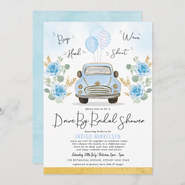 Dusty Blue Floral Retro Car Drive By Bridal Shower Invitation (Front/Back)