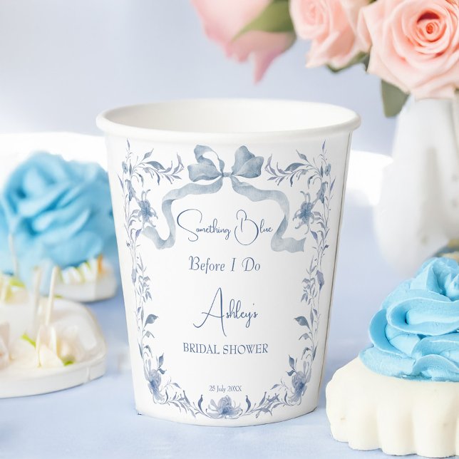 Dusty blue floral ribbon elegant bridal shower paper cups (Dusty blue vintage floral ribbon bow elegant coquette bridal shower personalized printed paper cups)