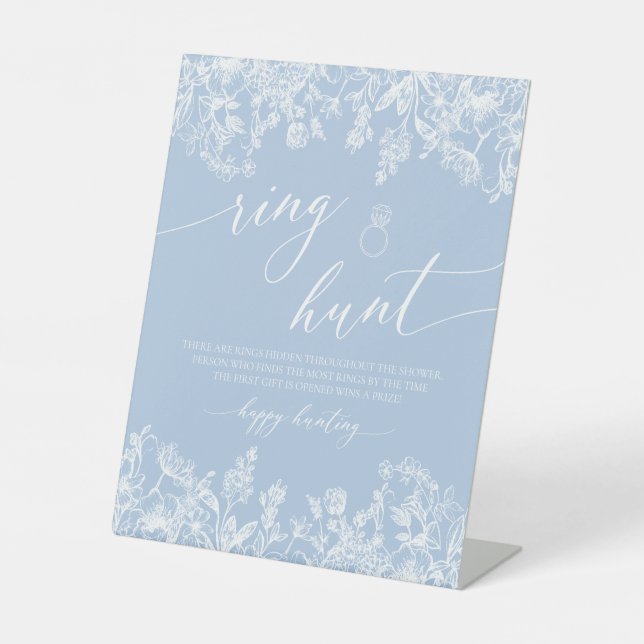 Dusty Blue Floral Ring Hunt Bridal Shower Game Pedestal Sign (Front)
