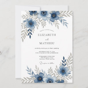 Dusty Blue Floral Romantic Wedding Invitation