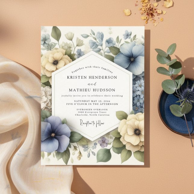 Dusty Blue Floral Romantic Wedding Invitation (Creator Uploaded)