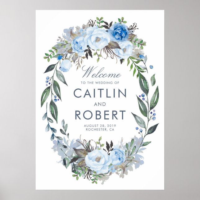 Dusty Blue Floral Romantic Wedding Welcome Poster (Front)