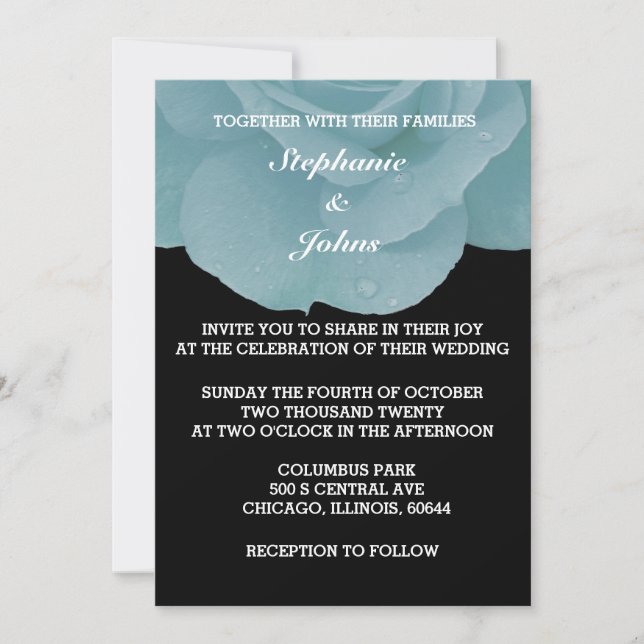 Dusty Blue Floral Rose Black White Cool Wedding Invitation (Front)