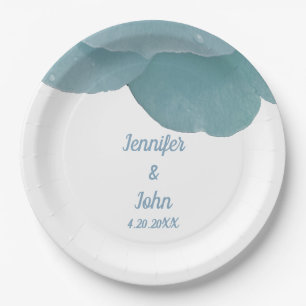 Dusty Blue Floral Rose Elegant Trendy Wedding Paper Plate