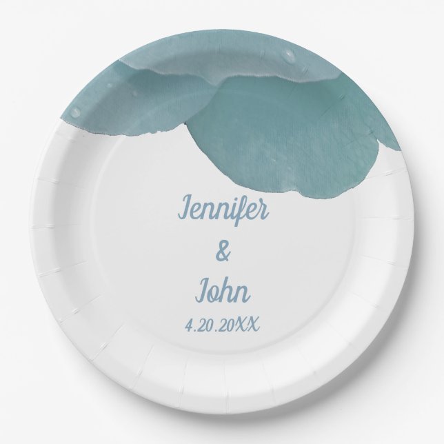 Dusty Blue Floral Rose Elegant Trendy Wedding Paper Plate (Front)