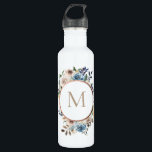 Dusty Blue Floral Rose Gold Frame Monogram 710 Ml Water Bottle<br><div class="desc">Watercolor flowers in dusty blue and neutral cream and taupe with round rose gold frame monogram water bottle. Text font style,  colour,  and size can be personalised.</div>