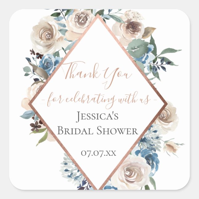 Dusty Blue Floral Rose Gold Personalised Square Sticker (Front)