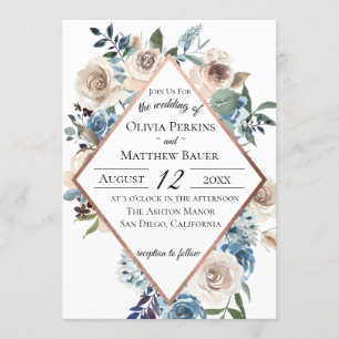 Dusty Blue Floral Rose Gold Wedding Invitation