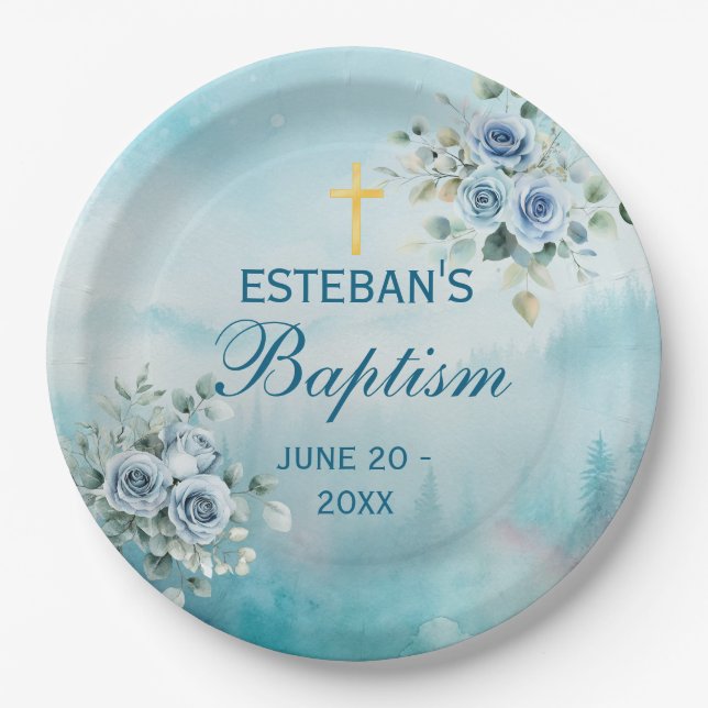 Dusty Blue Floral Rose Paper Plate (Front)