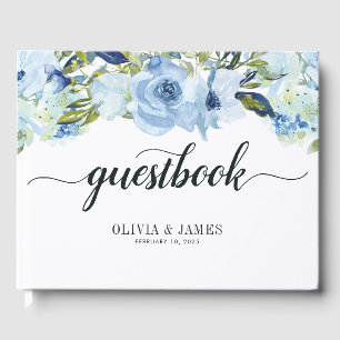 Dusty Blue Floral Rose Watercolor Foliage Wedding Guest Book