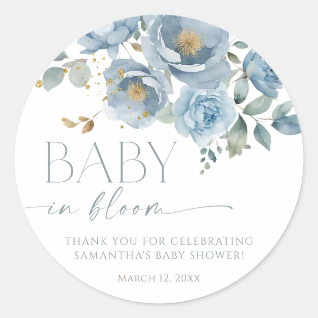 Dusty blue floral roses baby in bloom boy shower classic round sticker (Front)