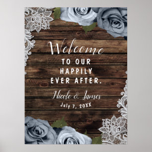 Dusty Blue Floral Roses Rustic Wood & Lace Wedding Poster