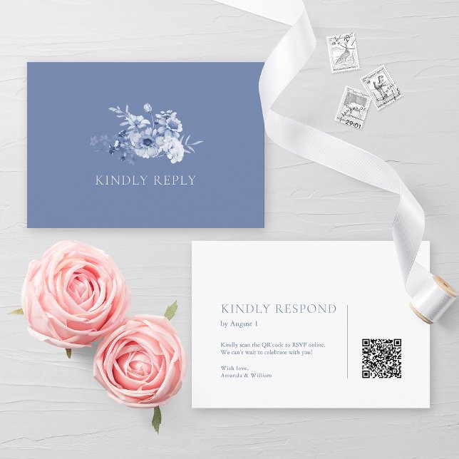 Dusty Blue Floral RSVP Card with QR Code (Creator Uploaded)