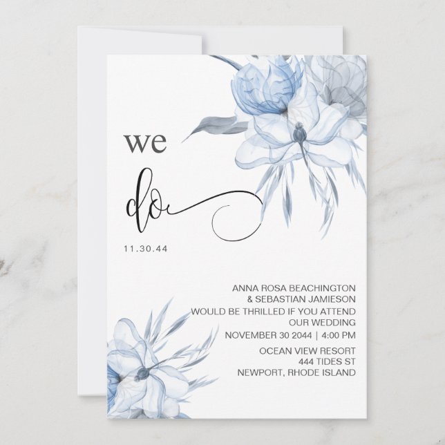 *~* Dusty Blue Floral RSVP - QR Rose  AR15 WEDDING Invitation (Front)