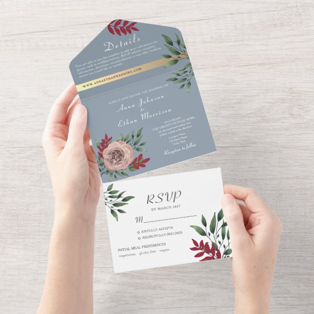 Dusty Blue Floral Rustic All-in-One Invitation (Tearaway)