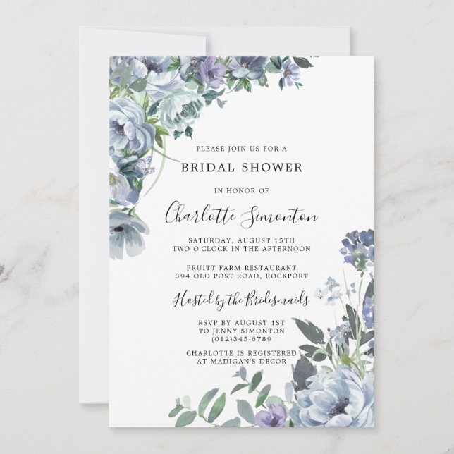Dusty Blue Floral Rustic Bridal Shower Invitation (Front)