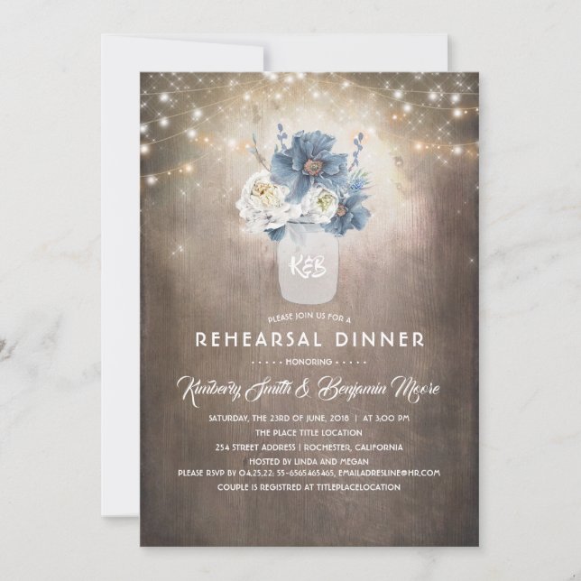 Dusty Blue Floral Rustic Country Rehearsal Dinner Invitation (Front)