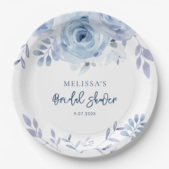 Dusty Blue Floral Rustic Script Bridal Shower Paper Plate (Front)